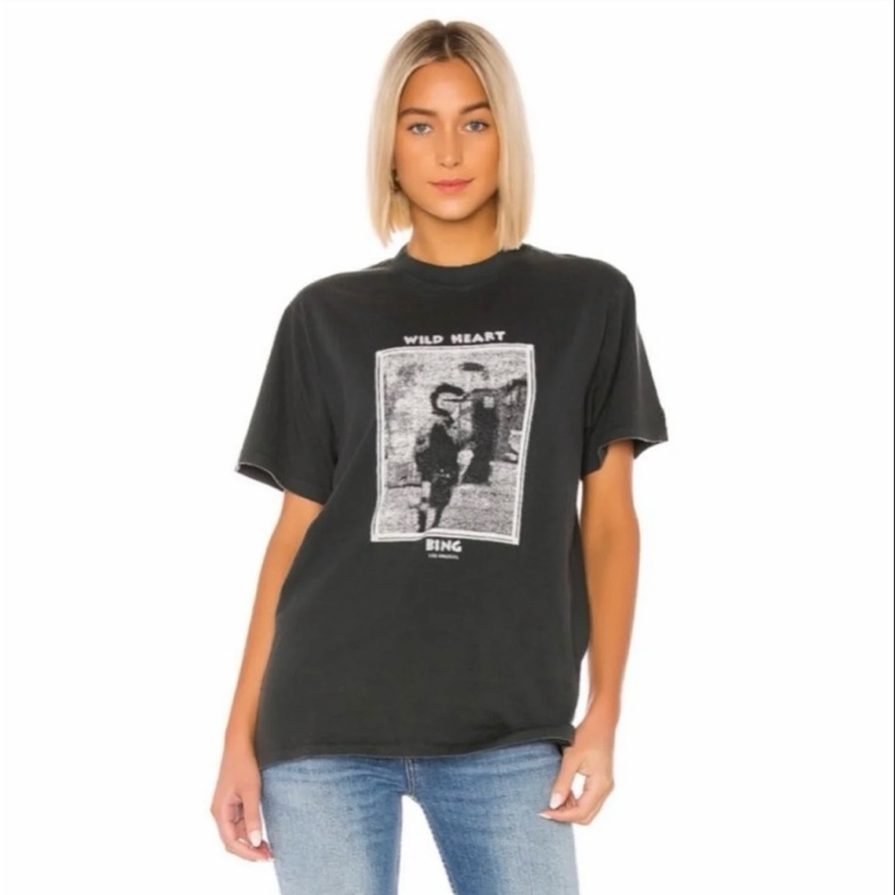 Anine Bing Wild Heart distressed black T-shirt, size small (fits oversized)